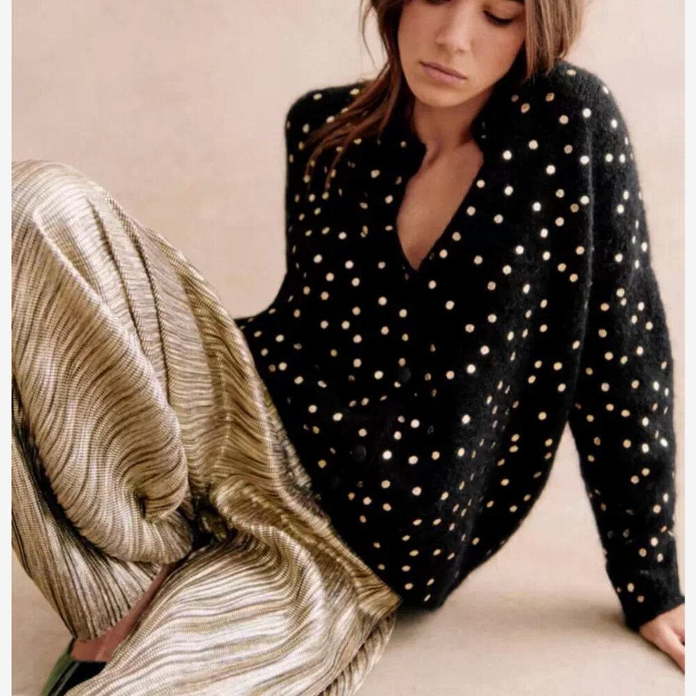 Sezane Talitha Cardigan Small Black/Gold Dots French Causal Knit Soft